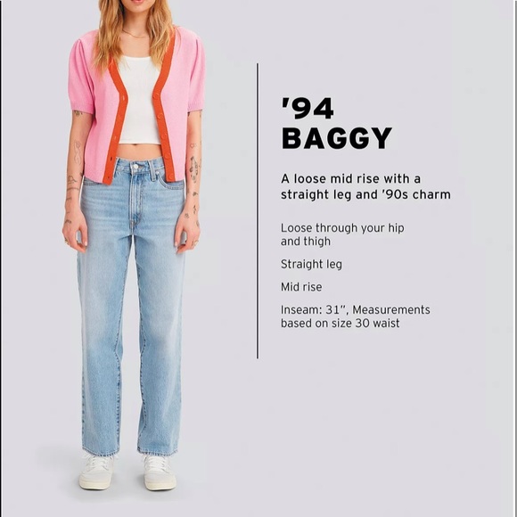 Levi’s ‘94 Baggy Mid Rise Straight Leg Jeans Distressed Medium Blue 25 26 29 30 - Picture 2 of 15